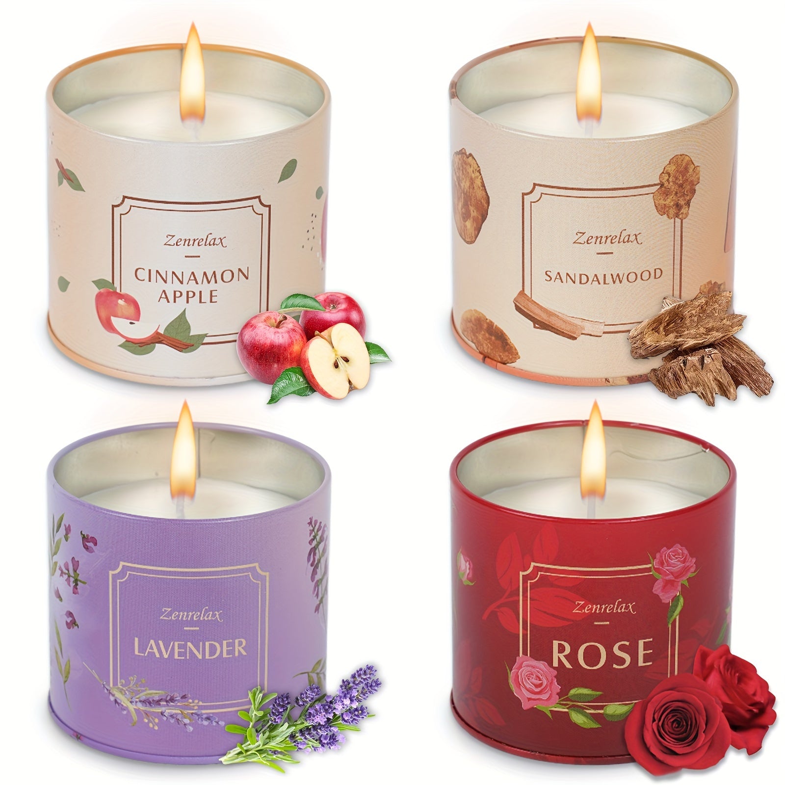 30 oz Scented Candle Set – Rose, Sandalwood, Cinnamon, Apple and Lavender Fragrances in Metal Jars