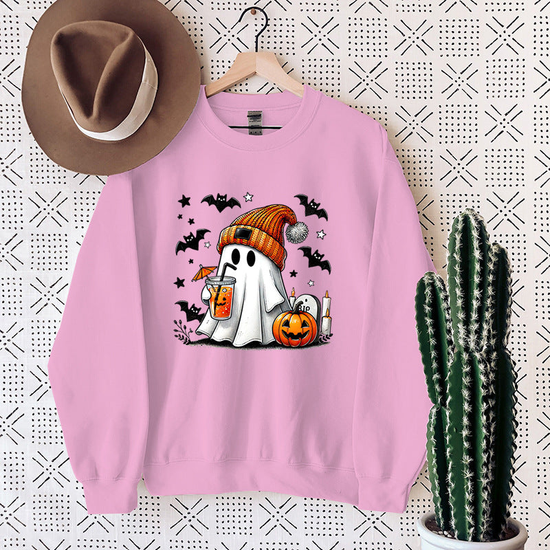 Women's Cute Halloween Ghost & Pumpkin Graphic Sweatshirt