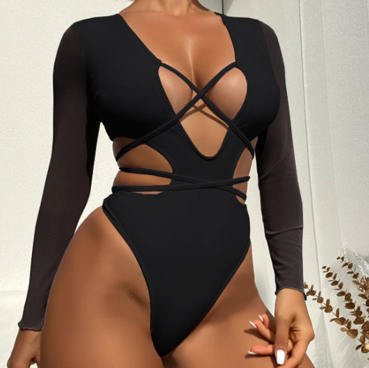 Women's Solid Long-Sleeve One-Piece Swimsuit