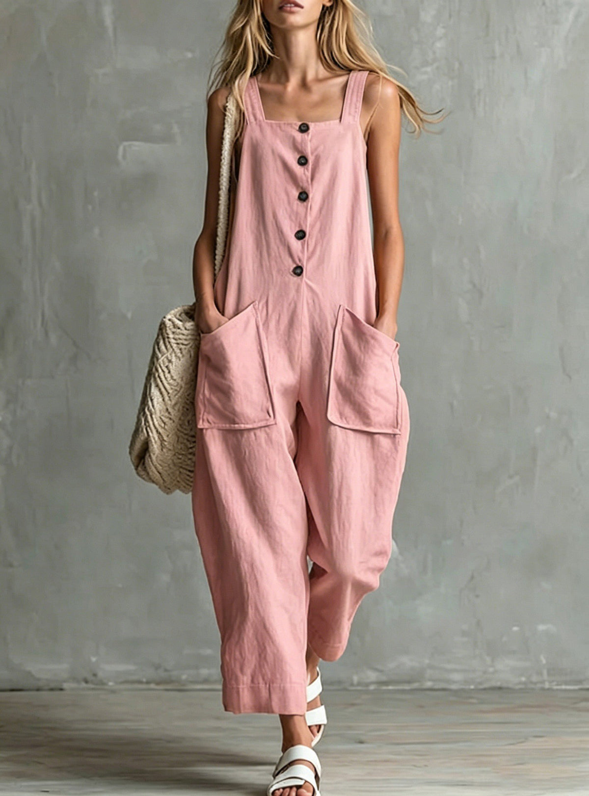Wide-Leg Linen Overalls with Pockets