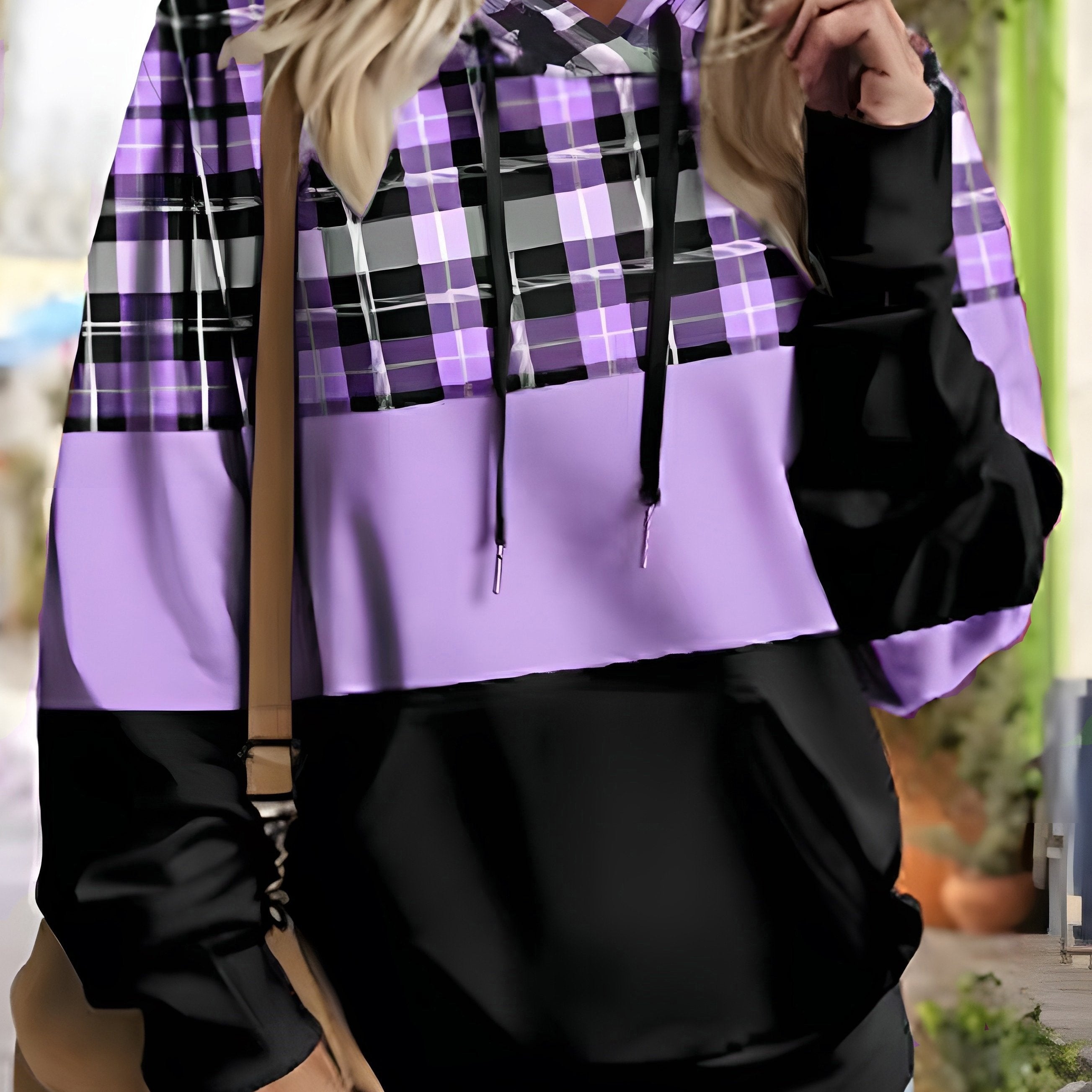 Plus Size Women's Casual Loose Plaid Contrast Print Hooded Sweatshirt with Drawstring