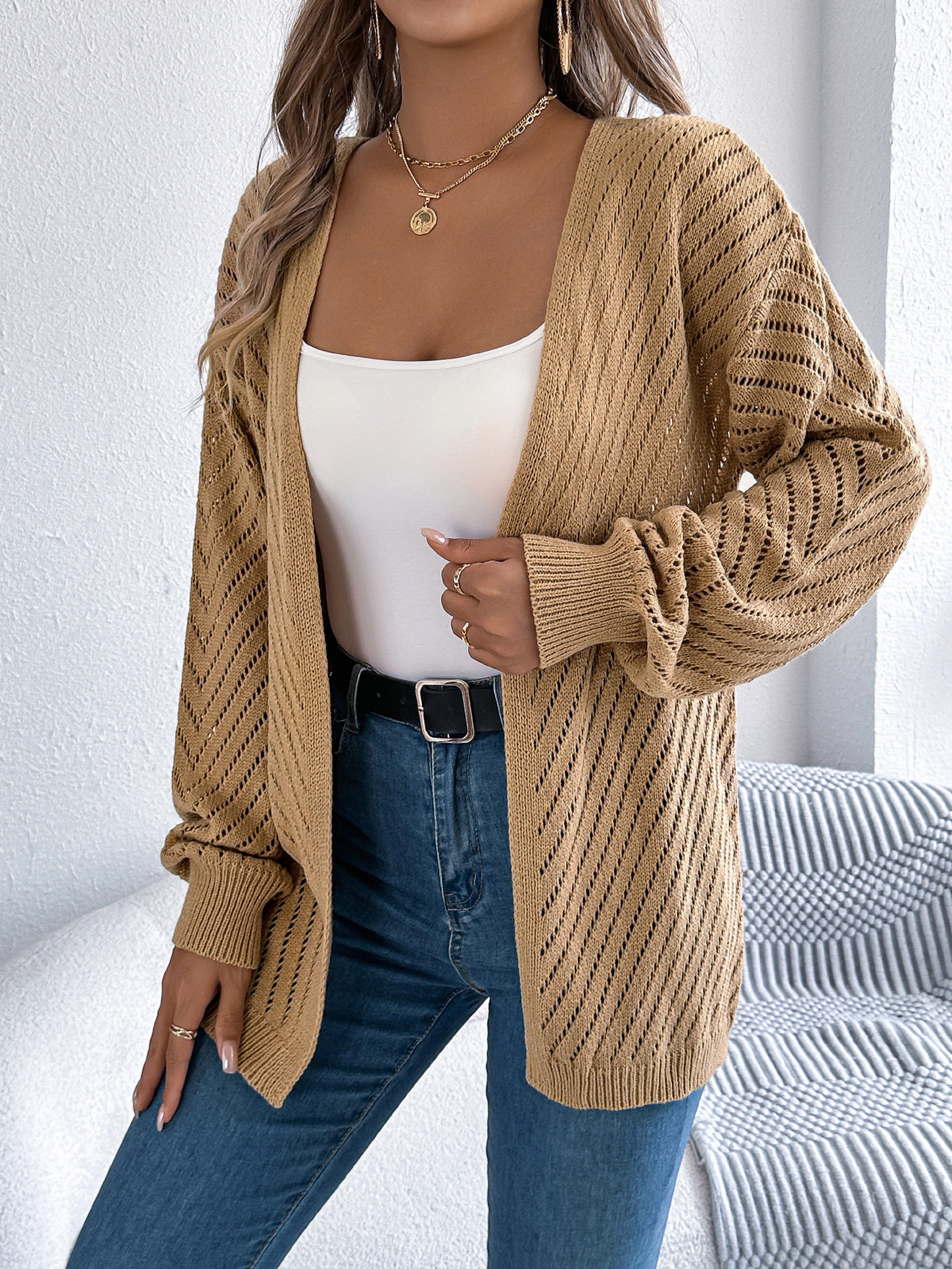 Women Casual Solid Color Hollow Out Long Sleeve Cardigan Sweater