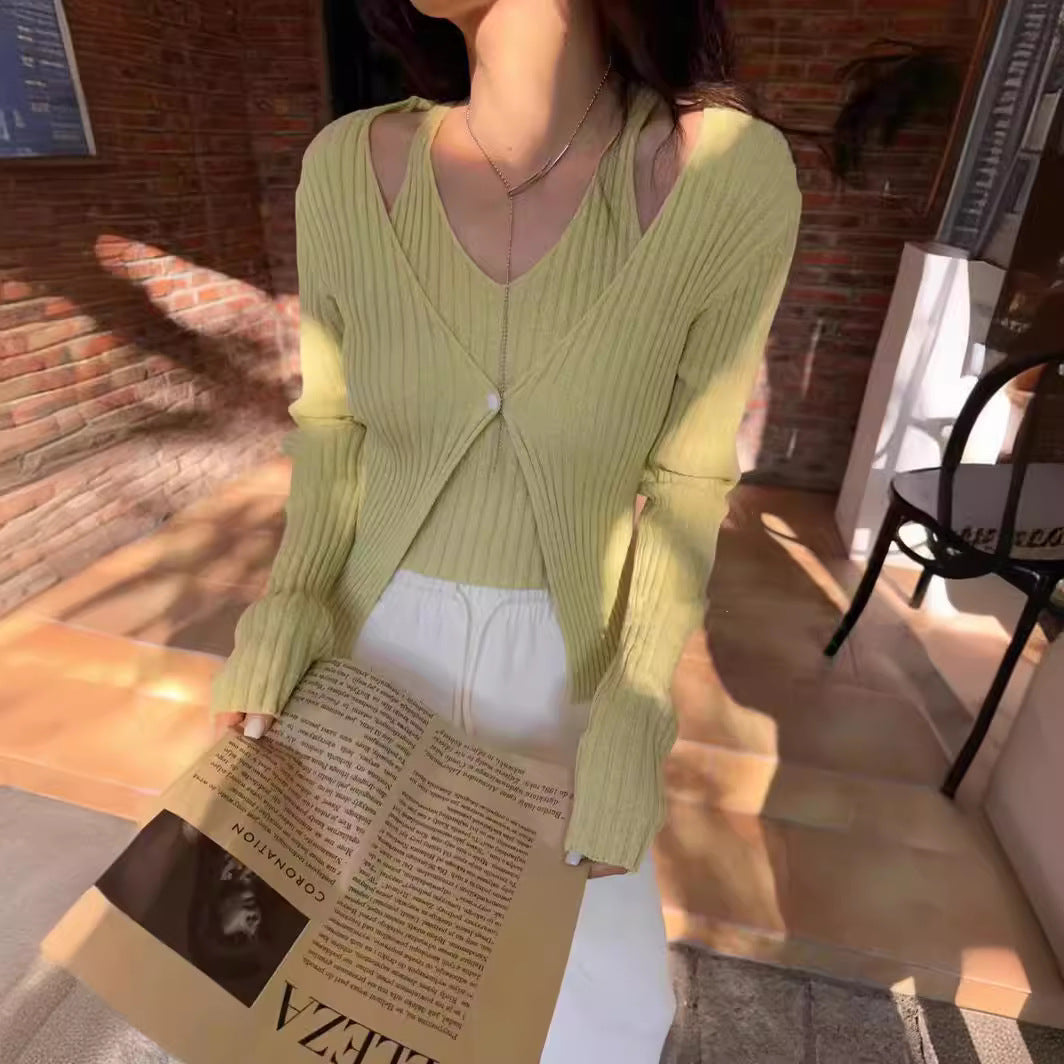 Women's Fake Two-piece Sunken Stripe Long-sleeved Sweater