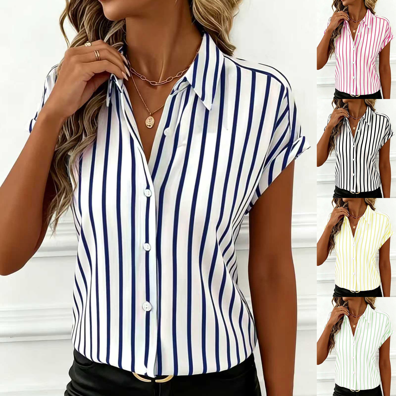 Summer New Womens Striped Shirt With Drop-Shoulder Sleeves And Buttons