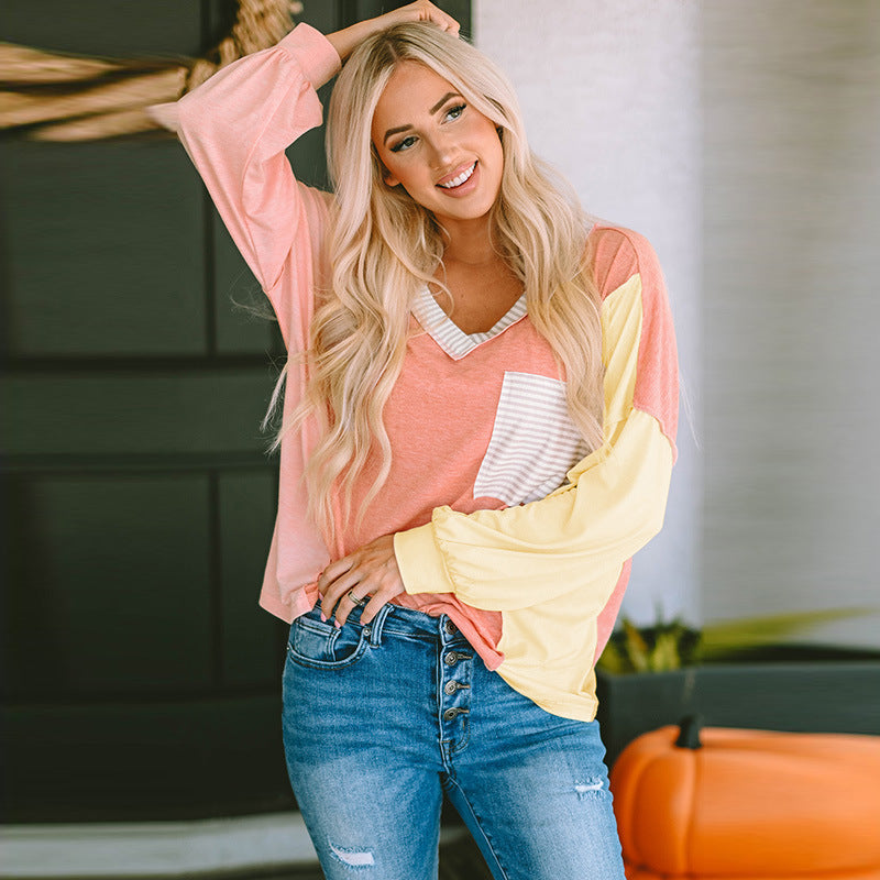 Women's Striped V-Neck Long Sleeve Casual Hoodie