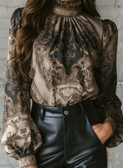 Elegant Jacquard High-Neck Shirt – Retro French Style