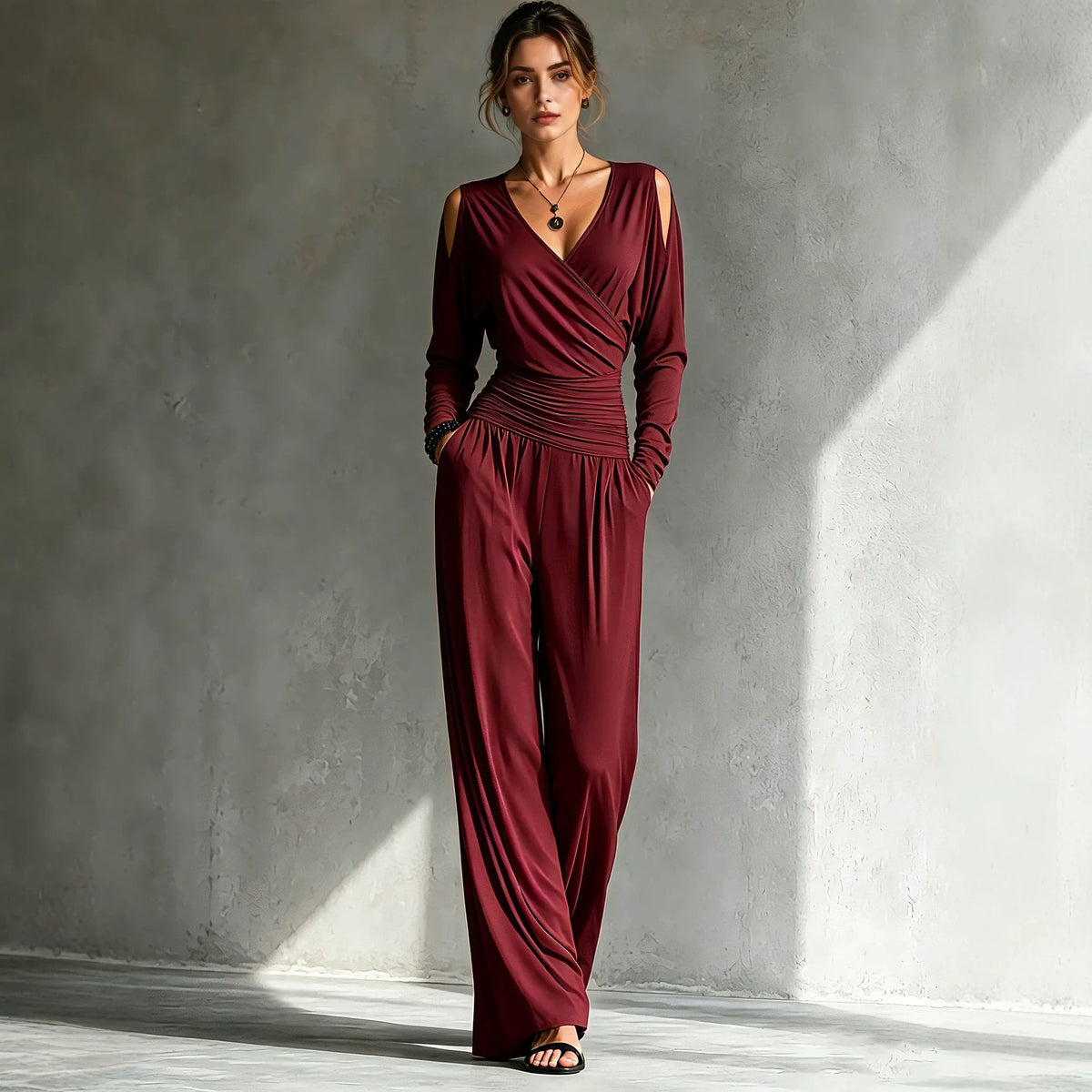 Long-sleeve Waist-cinched Pleated Casual Jumpsuit