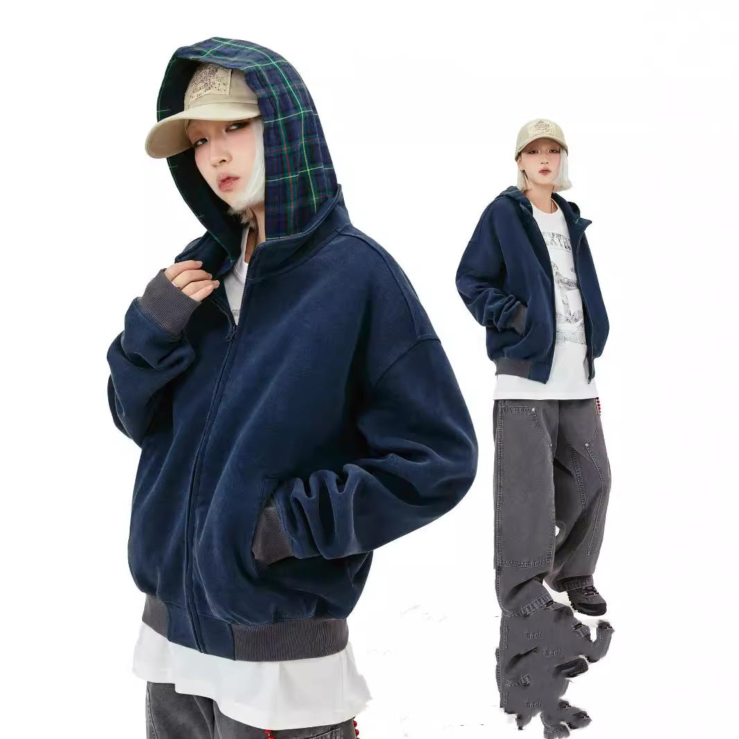 Vintage Plaid Hooded Zip Sweatshirt