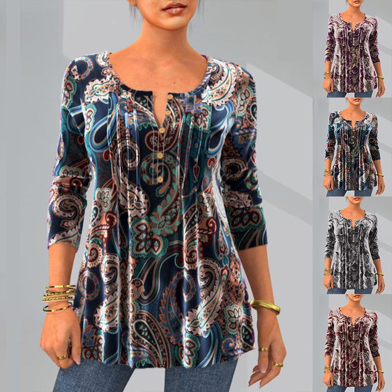 Chic Fashion Print Round Neck Long Sleeve Top