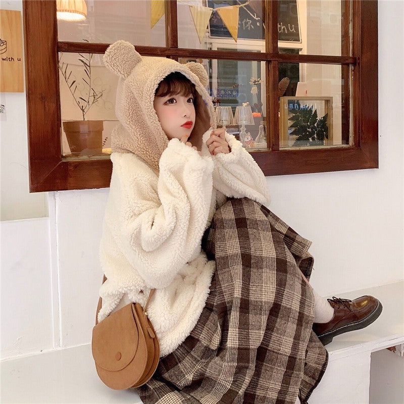 Cute Bear Ear Lamb Wool Winter Cardigan