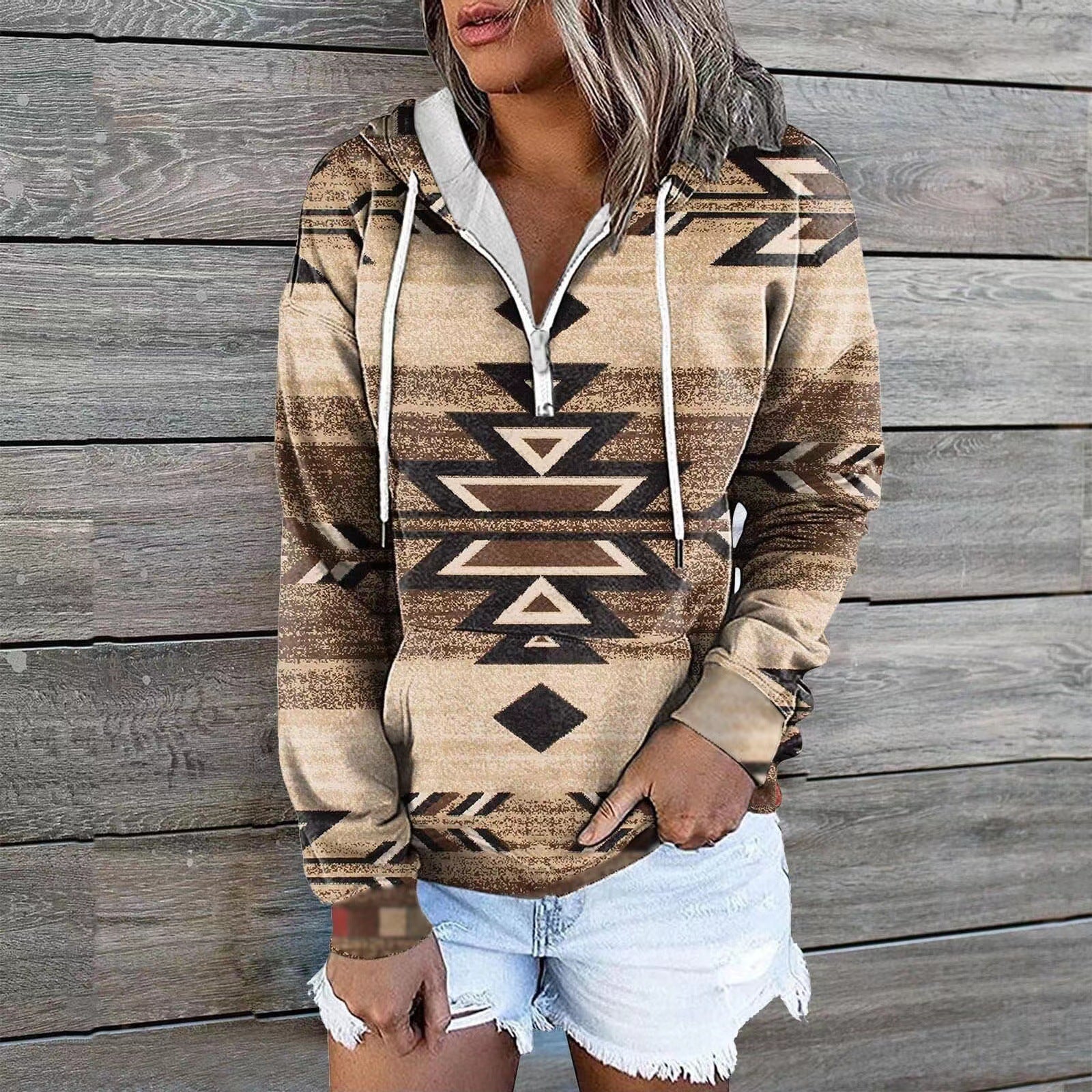 Ethnic Tribal Geometric Print Zip Hoodie