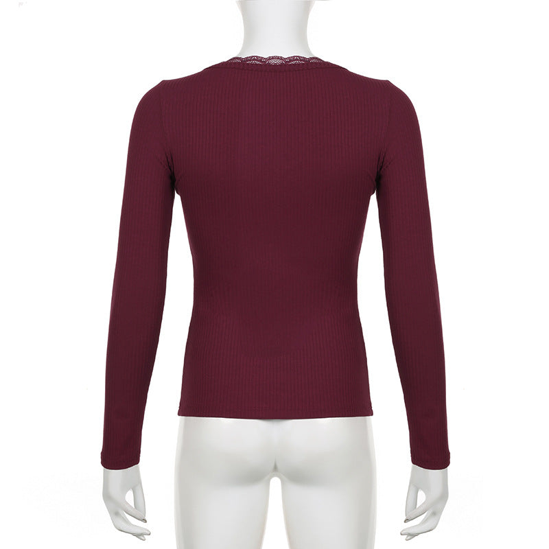 Lace Stitching Slim-Fit Long Sleeve Top