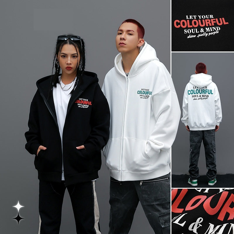 Unisex Foam Print Zip-Up Hoodie Casual Cardigan