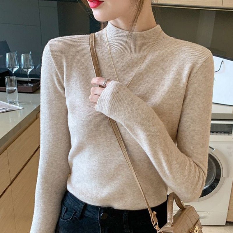 Womens Solid-color Casual Mock-neck Sweater