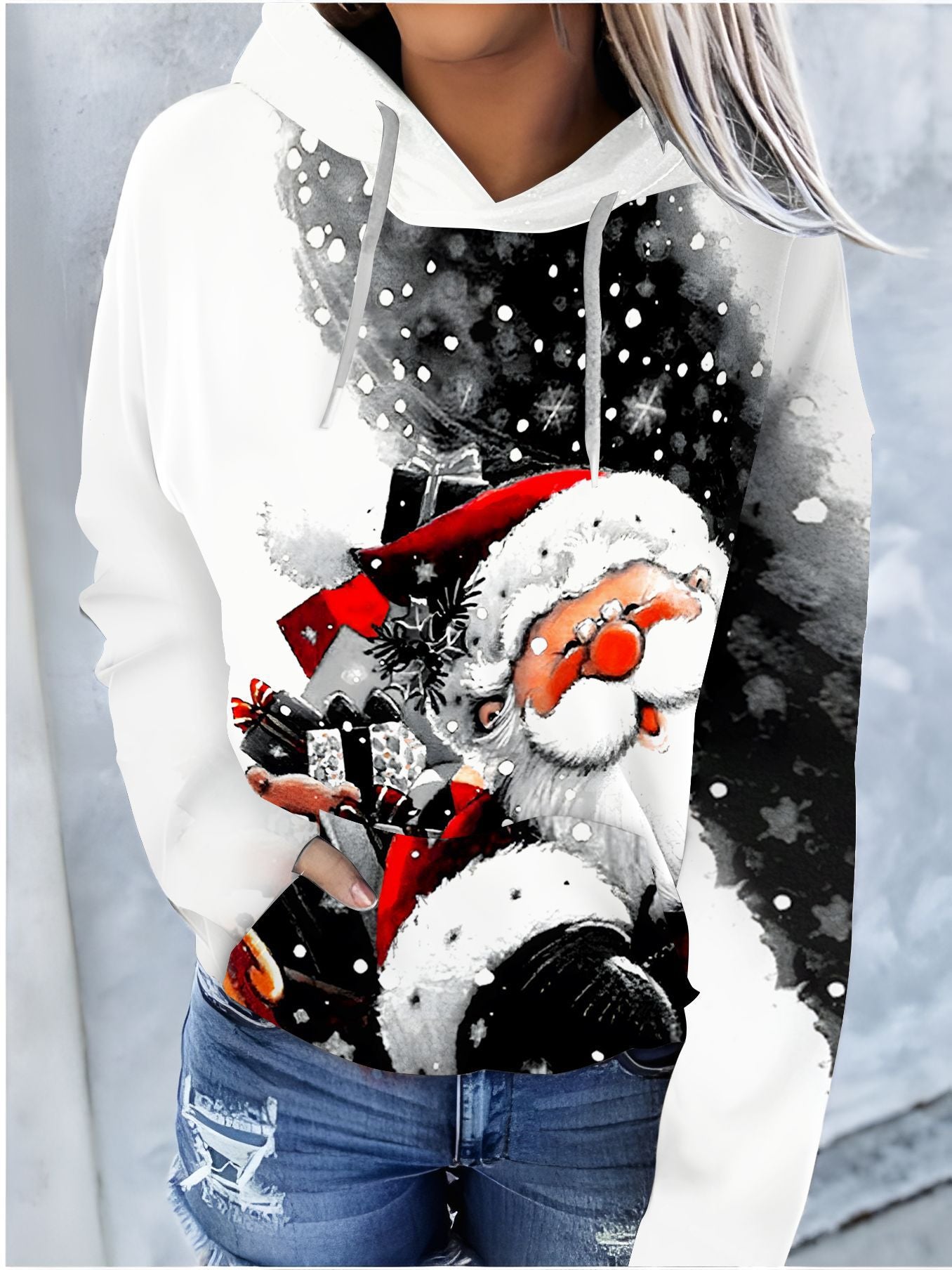 Festive Christmas Print Drawstring Hoodie