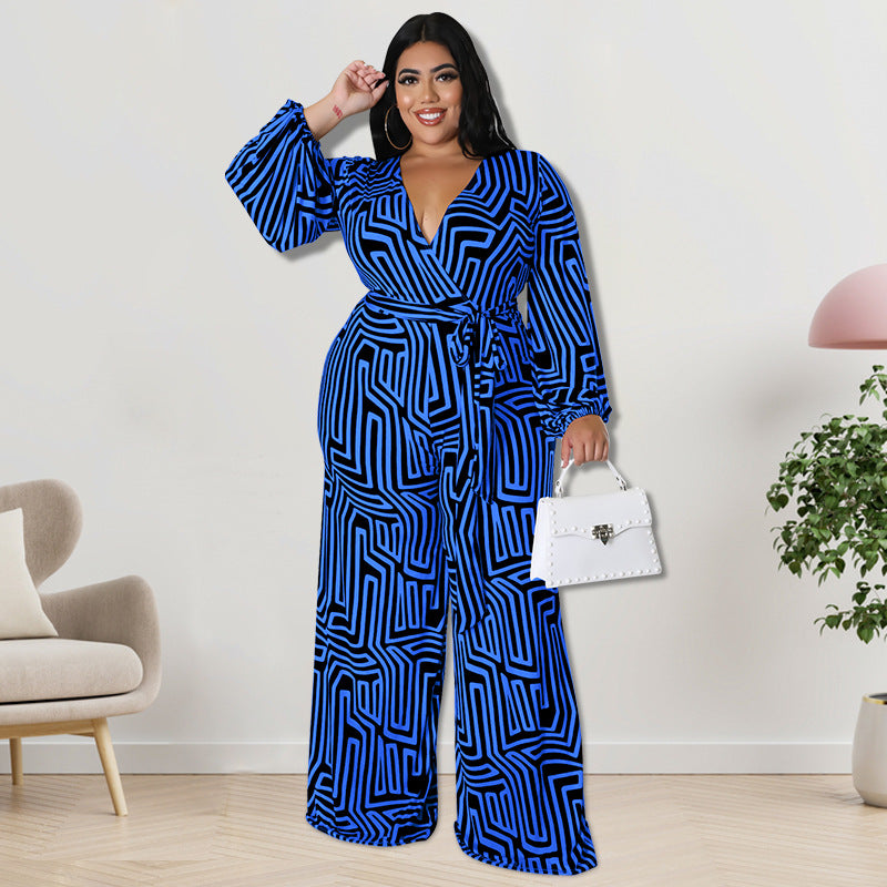 Elegant Long-Sleeve Straight-Leg Plus Size Jumpsuit