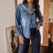Womens Denim Shirt With A Turn-down Collar Single-breasted Design And Long Sleeves