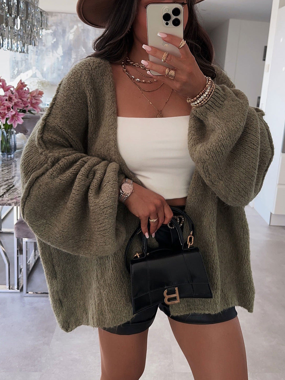Casual Loose Solid Color Mid-length Knitted Sweater for Women