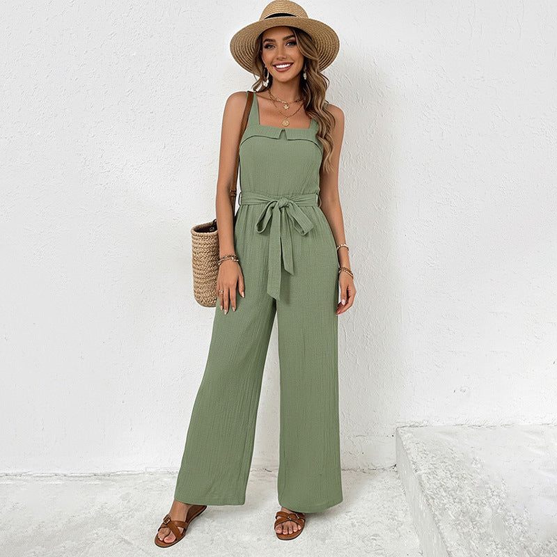 Solid-color Casual Sleeveless Strap Jumpsuit