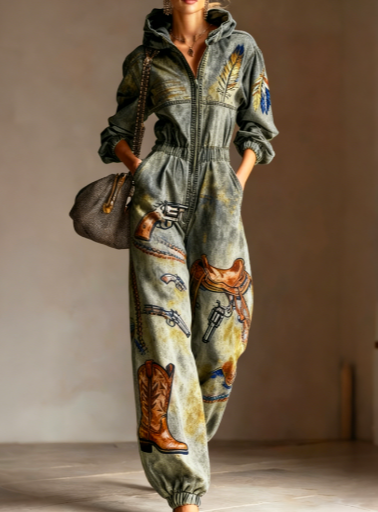 Vintage Plaid Hooded Waist-cinched Jumpsuit, Casual Loose  Long-sleeved Jumpsuit