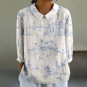 European And American Style Long-Sleeve Chinese-Style Bamboo-Stripe Linen Lapel Printed Fashionable All-Match Shirt