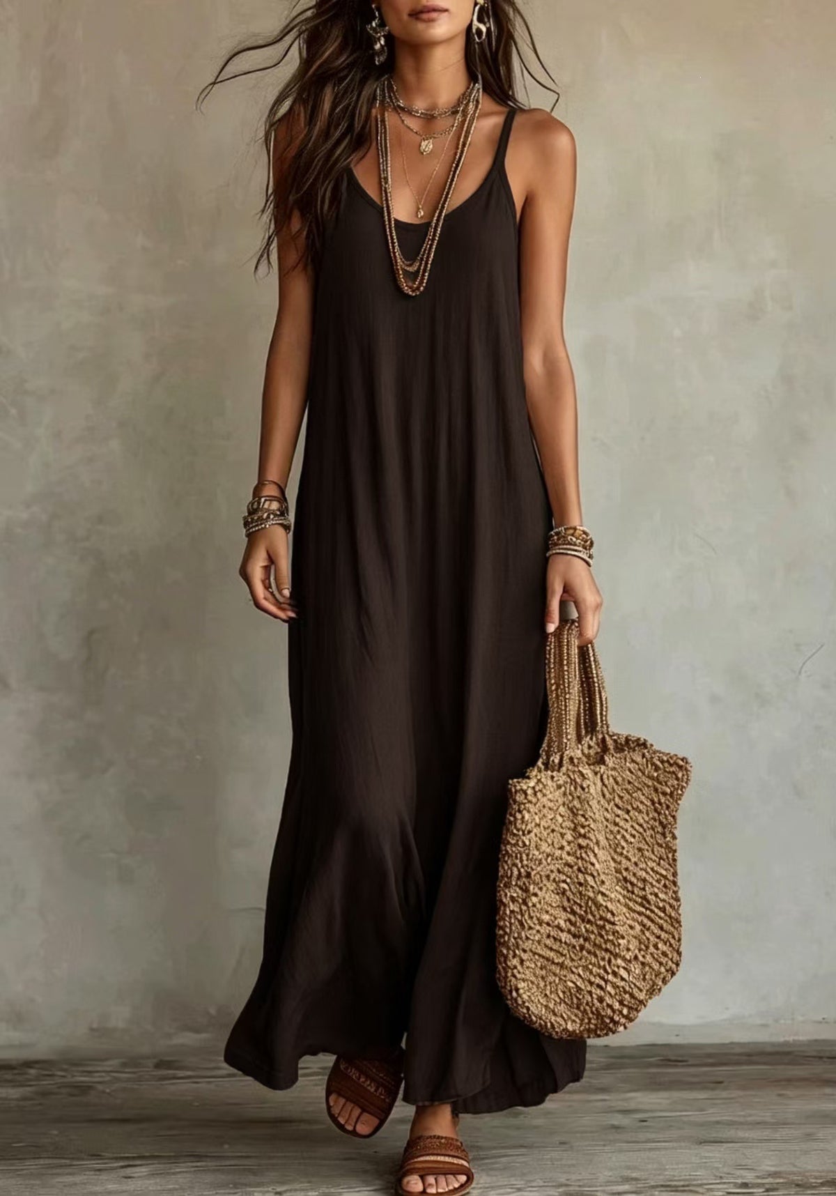 Womens Bohemian Loose-fit Solid-color Dress