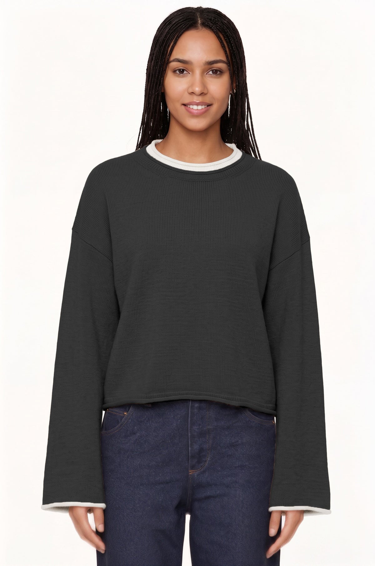 Womens Pullover Sweater Loose-fit Round-neck Casual Knit Top