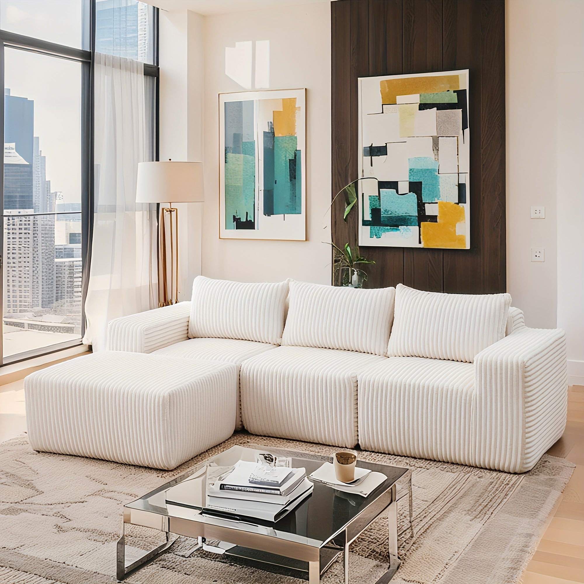 Modular L-shaped chaise longue sofa bed with deep seat and corduroy upholstery
