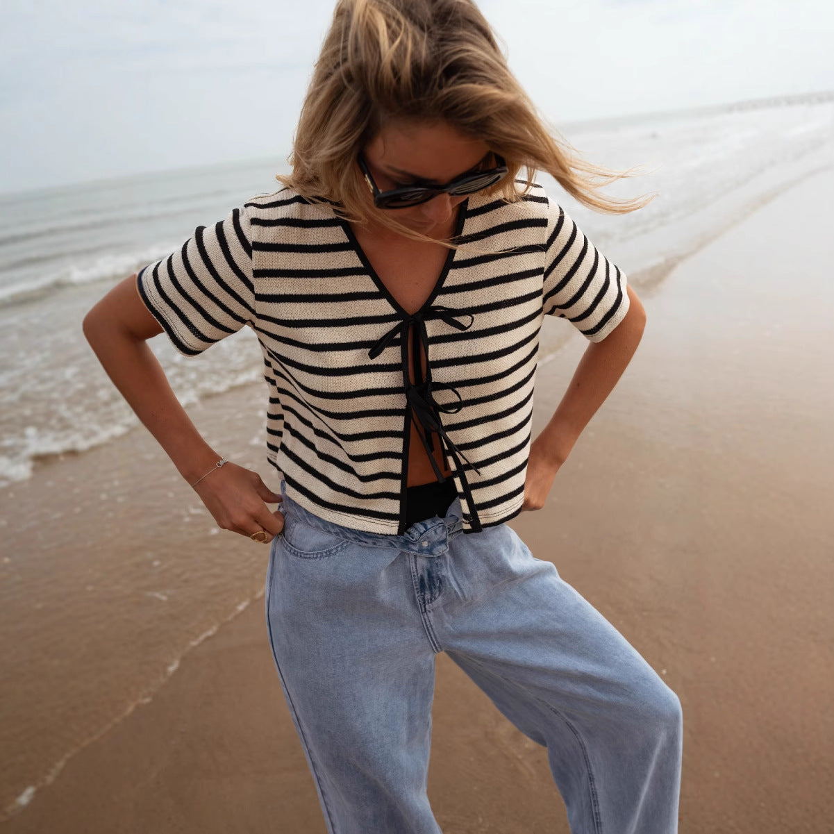 Women's Apricot Tie‑Dye Striped Short‑Sleeve Tee – Loose Fit