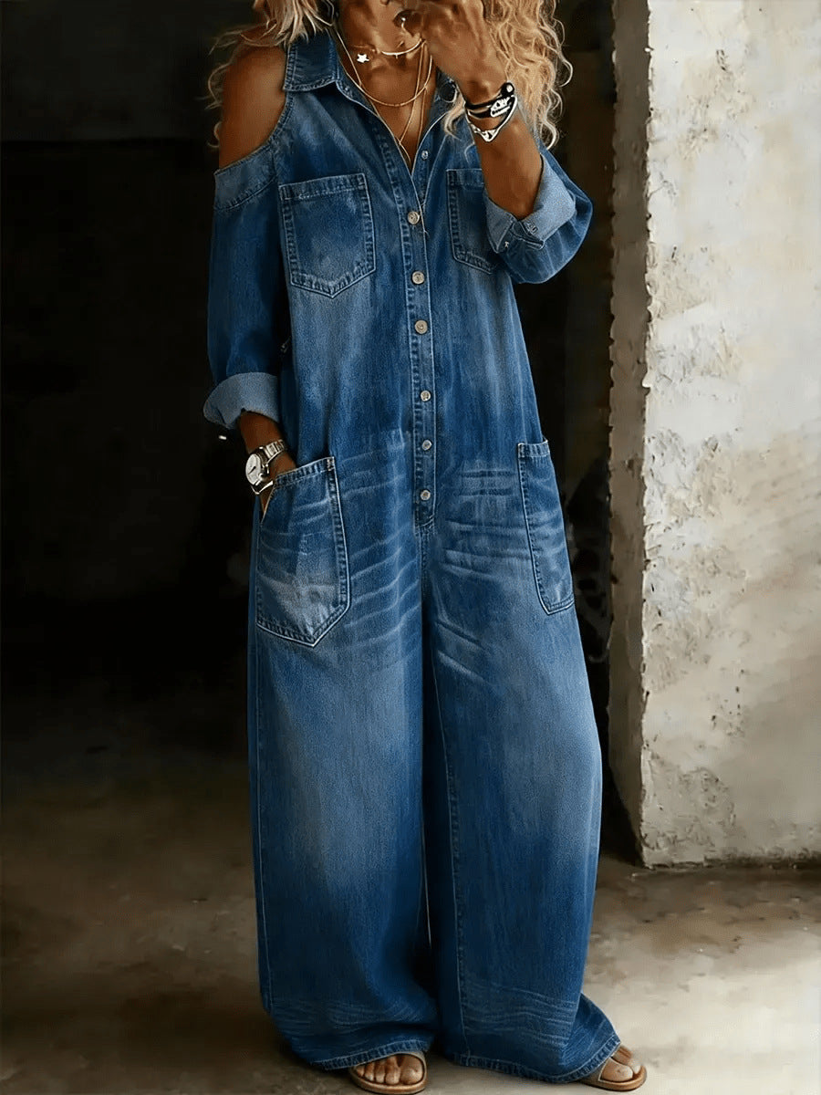 Retro Off-Shoulder Wide-Leg Jumpsuit