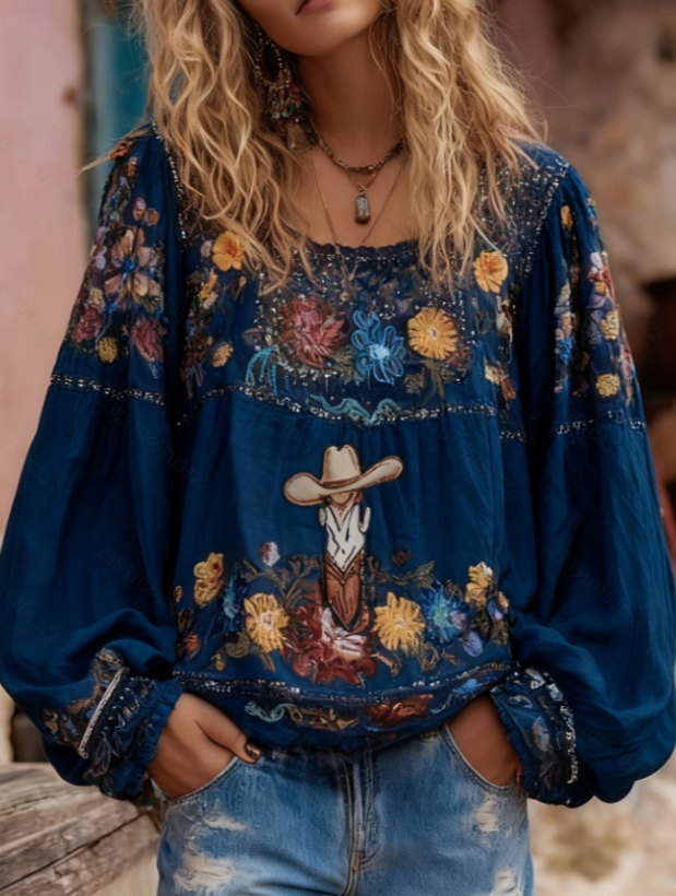 Cotton Linen Square-Neck Lantern-Sleeve Top