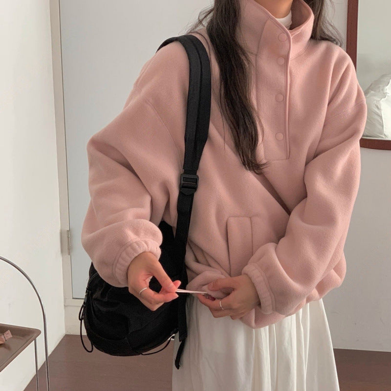 Cozy Stand Collar Fleece Pullover Sweater Top