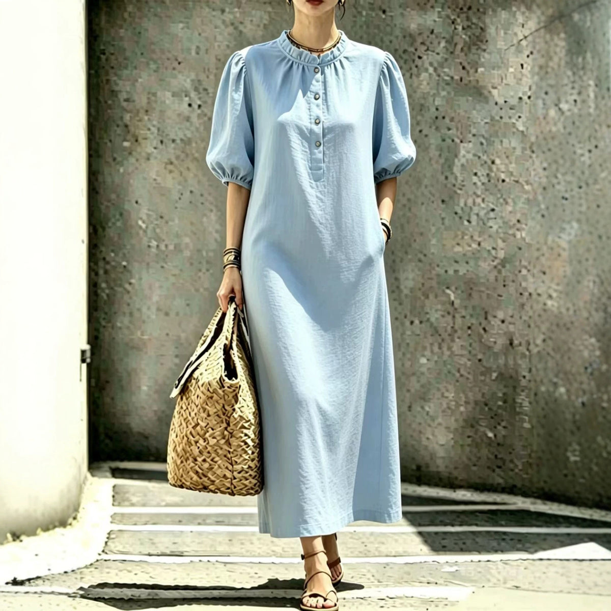 Womens Solid-color Stand-collar Puffed-sleeve Straight Dress