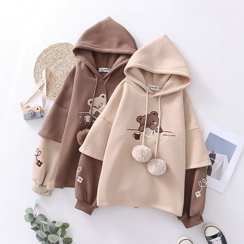 Fleece-Lined Embroidered Bear Winter Pullover Hoodie