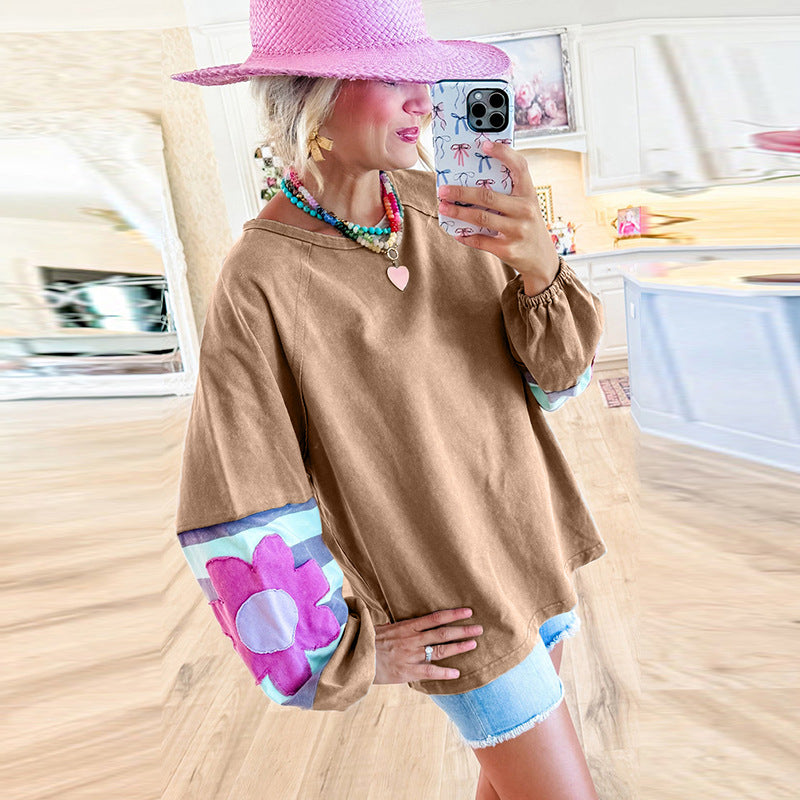 Women's Floral Contrast Color Loose Pullover Sweater