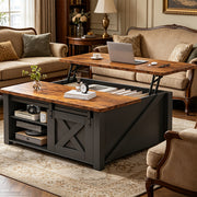 [Lift Top Coffee Table] Courtyard Coffee Table, Lift Top Coffee Table with Hidden Storage, Wooden Square Center Table with Adjustable Shelves, Multifunctional Living Room Furniture for Home & Apartment