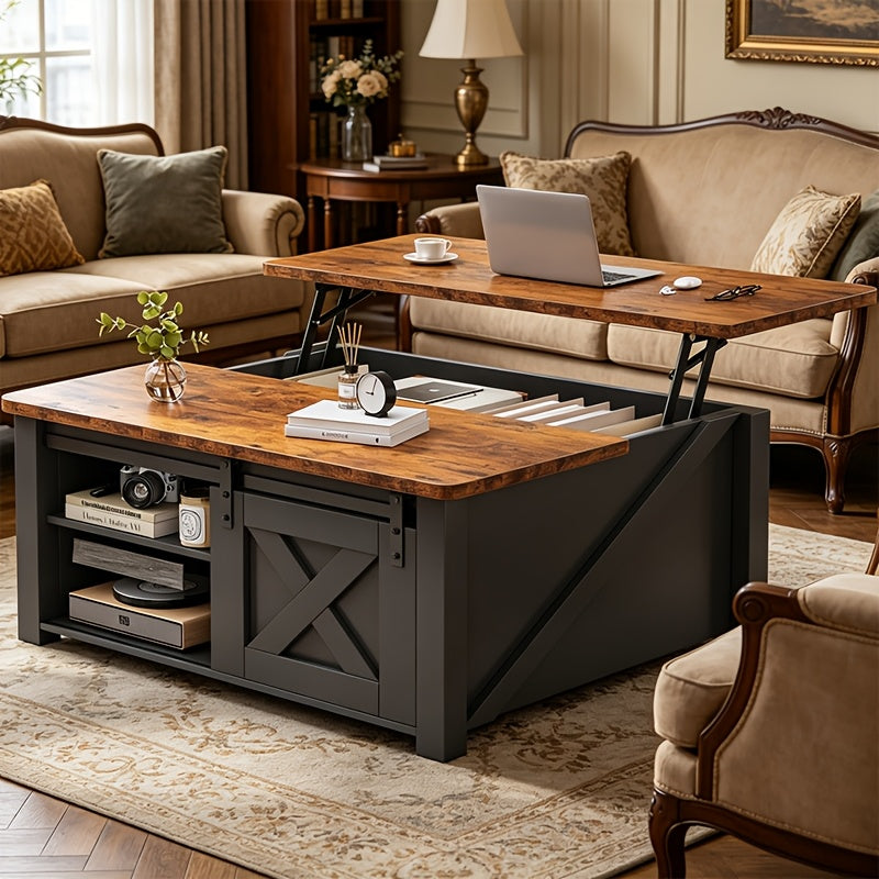 [Lift Top Coffee Table] Courtyard Coffee Table, Lift Top Coffee Table with Hidden Storage, Wooden Square Center Table with Adjustable Shelves, Multifunctional Living Room Furniture for Home & Apartment