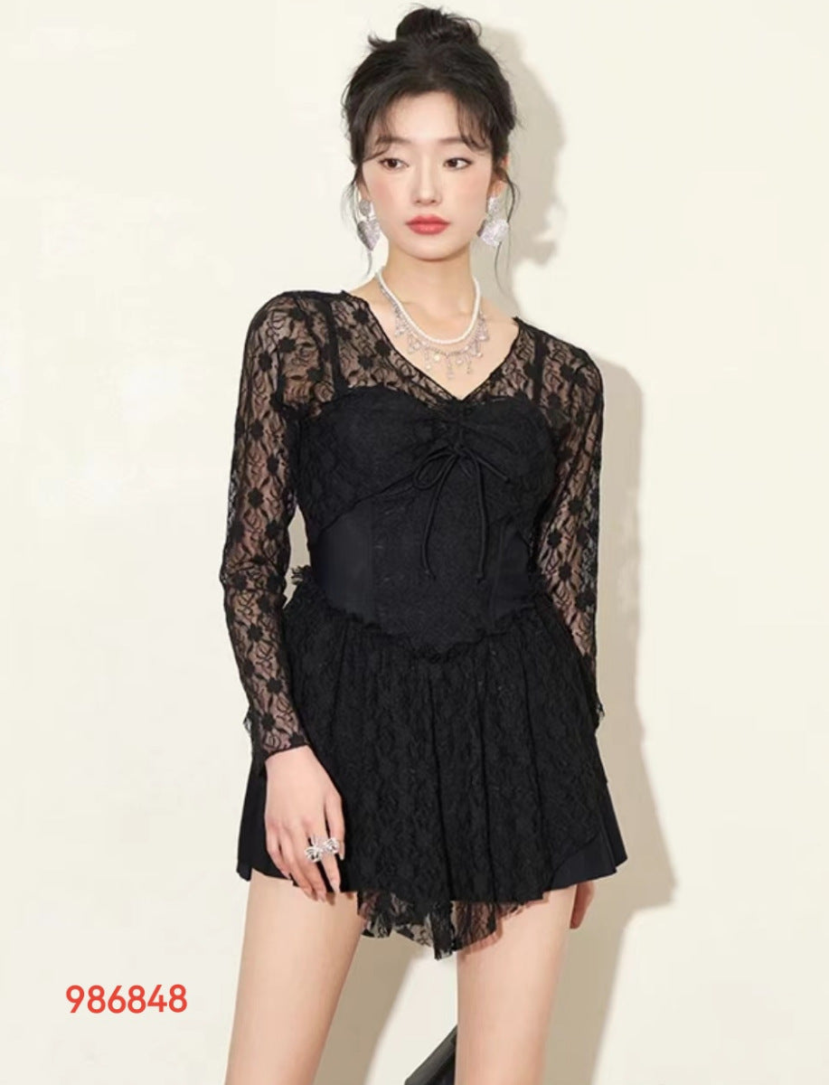 Womens One Piece Long Sleeve VNeck Swimsuit
