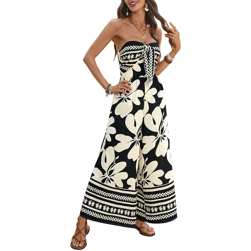 Floral Print Backless Wide-Leg Bandeau Jumpsuit