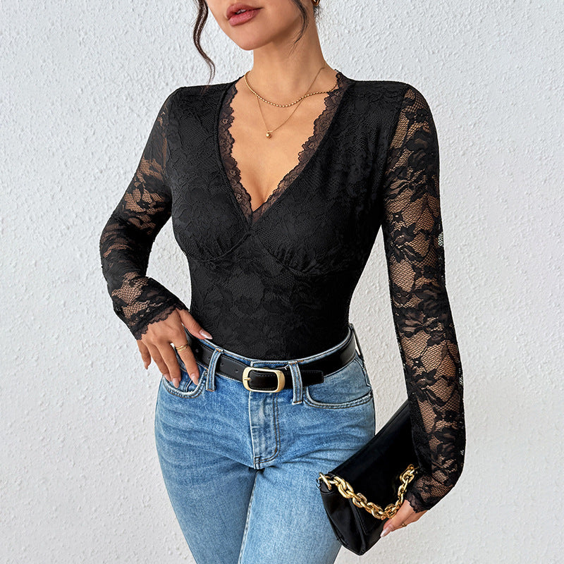Seductive Black Lace V-Neck Bodysuit with Hollow Back