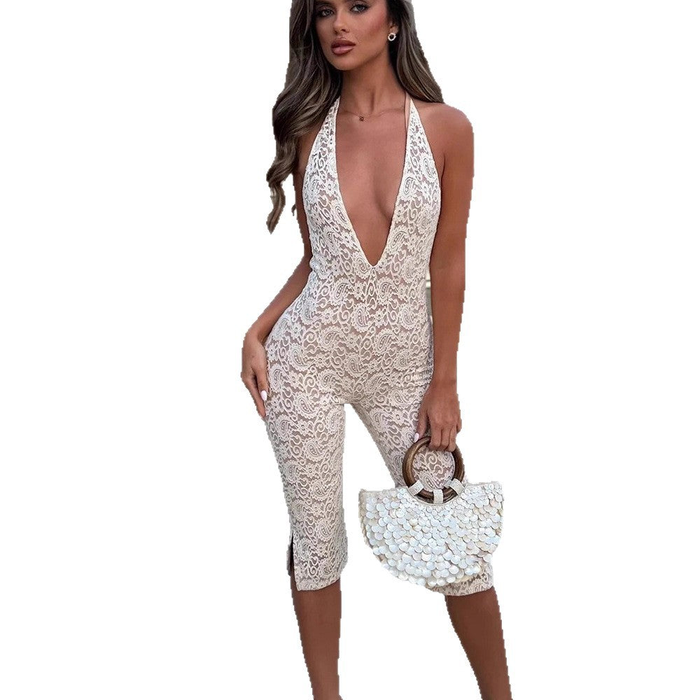Chic Lace V-Neck Backless Halter Romper