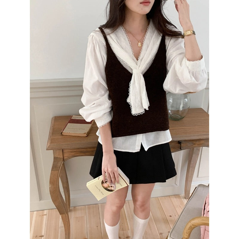 Womens Solid-color Versatile V-neck Knitted Vest
