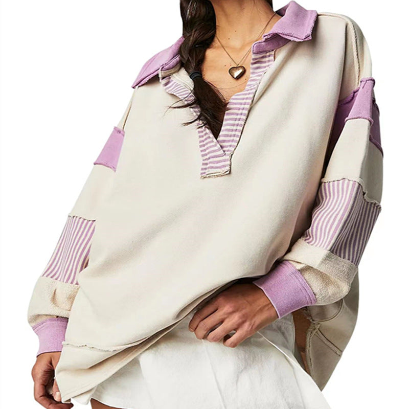 Chic V-Neck Colorblock Long Sleeve Split Hem Casual Sweater
