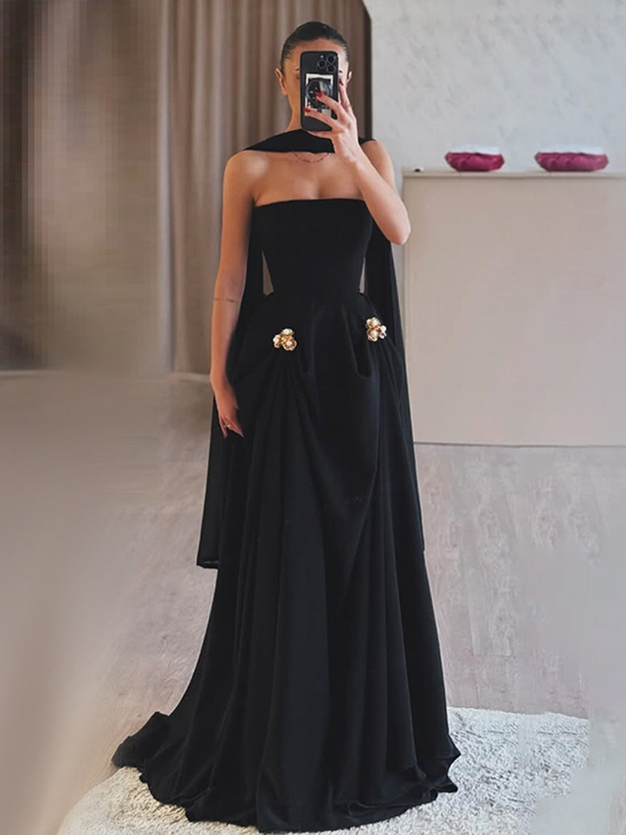 Black Lace Twist-Waist Midi Evening Dress