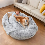 Oversized 71x45x12 Human Dog Bed - Orthopedic Washable Faux Fur Pet Bed With Plump Pillows & Blanket-like Strap, Grey Oval Bed For People & Puppies (all Dog Sizes) - Convertible Couch-like Napping