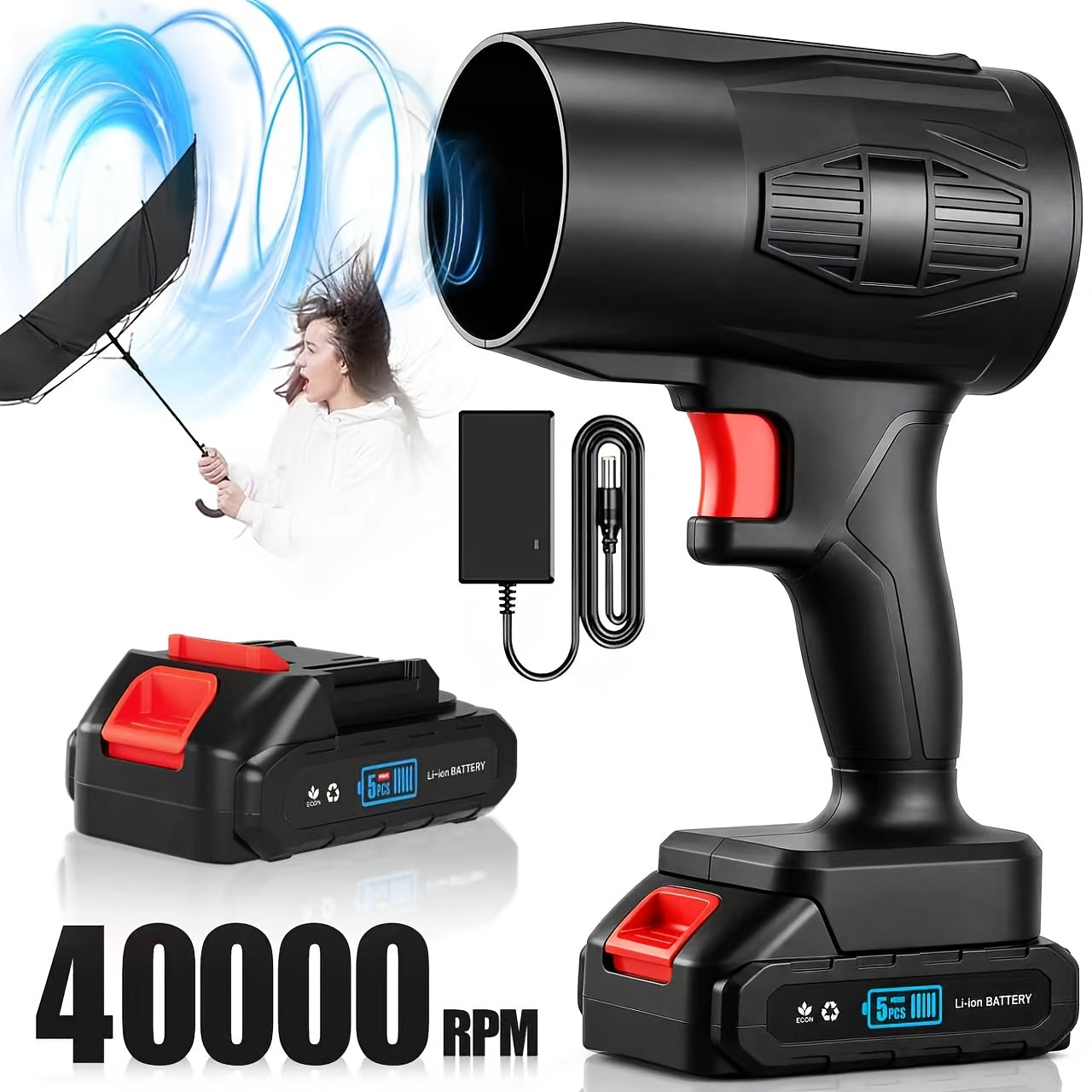 21V Cordless Turbo Jet Handheld Blower with 40000 RPM Motor, Battery and Charger – Adjustable Speed