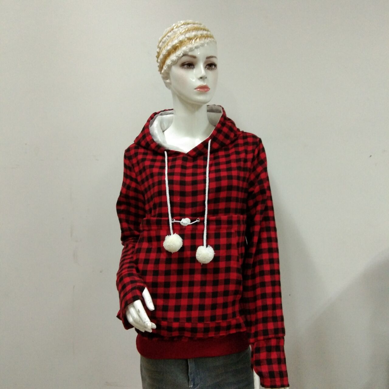Cozy Plaid Pocket Hoodie with Cute Pet Pouch