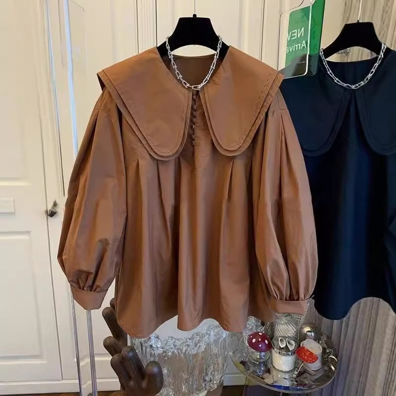 Women's Doll Collar Lantern Sleeve Shirt Top