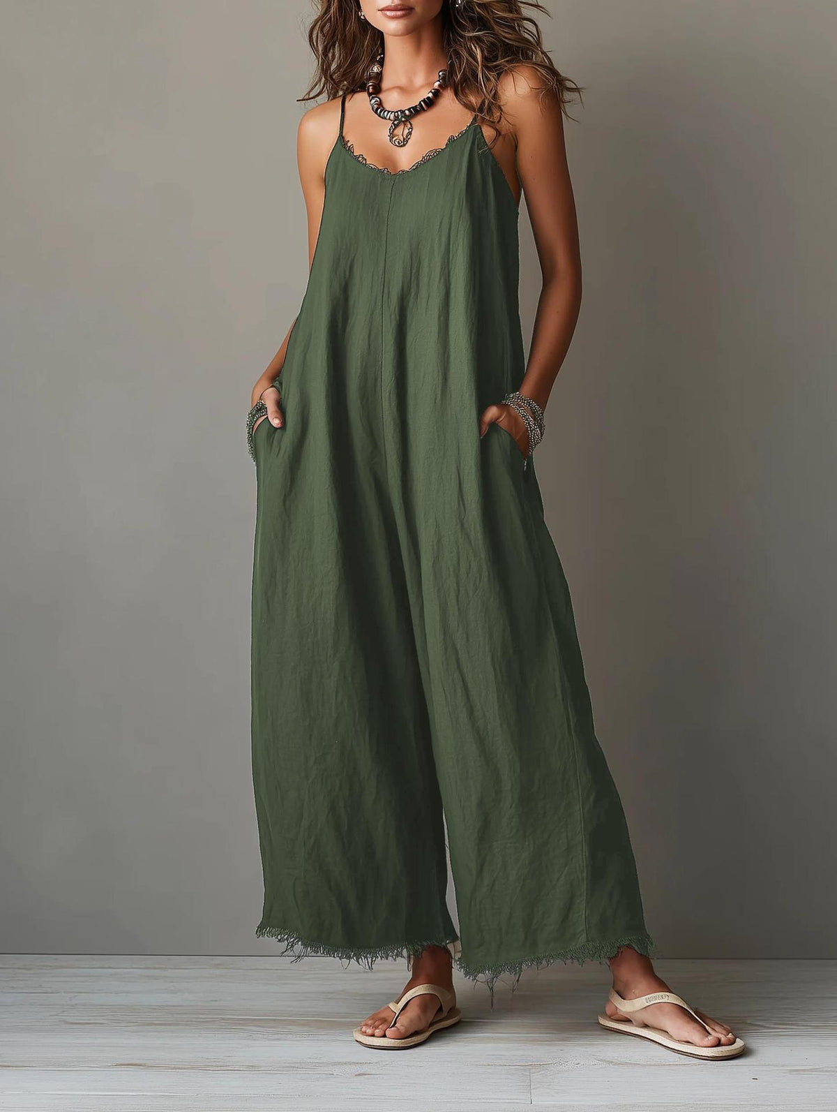 Womens Loose-fitting Solid-color Wide-leg Jumpsuit With Straps