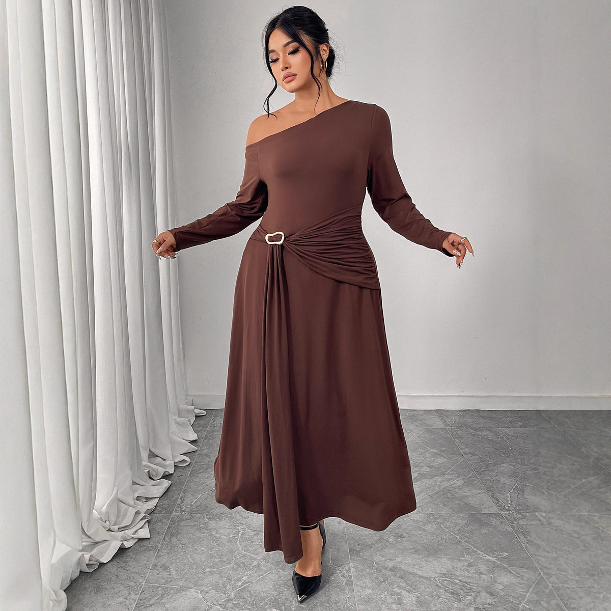 Off Shoulder Longsleeve Coffee Colored Dress